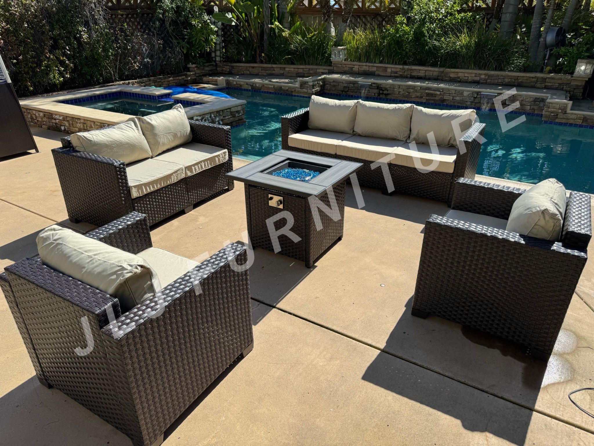 NEW🔥 Outdoor Patio Furniture Set Brown Wicker Beige Cushions 30" Firepit ASSEMBLED