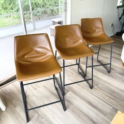 Set Of 3 Walker Edison Whiskey Brown Midcentury Modern Faux Leather Counter Stools