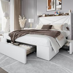 Queen Size Storage Bed Frame with Charging Station & 3 Drawers, Velvet Platform Bed with Upholstered Wingback Headboard, 900 LBS Capacity, White
