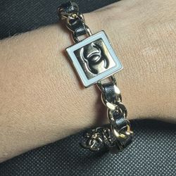 square Black and white sterling silver Bracelet.C charm C