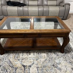 Glass Insert Top Coffee Table (Carved Wood) – 50” Wide – Very Good
