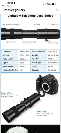 E 420-800mm F8.3 Telephoto Zoom Lens(MF)+ T-Mount for Sony a7 IV-III/ZV-E10/a7R V/a7C II/a7R IV/a7S III/a1/a9 III/a6400/a6100/a9 II/a7 II/a6000/NEX-6/