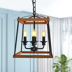 FukiFuki Farmhouse Pendant Light, Wood Lantern Pendant Light in Black and Wood Finish, Adjustable Industrial Metal Light Fixture for Kitchen Island, D