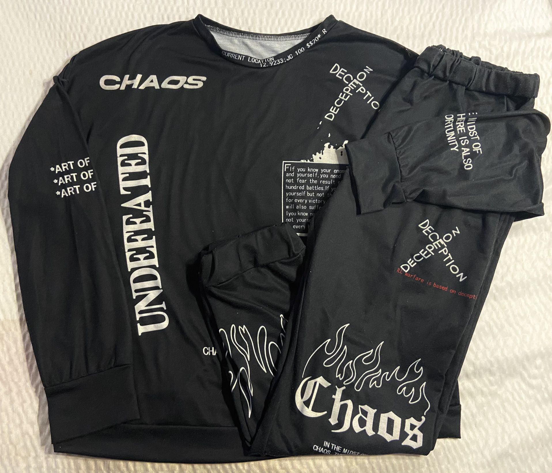 Womens XXL Sz 14 Chaos Deception Undefeated Religious 2pc Set Lightweight Sweatshirt Shirt/Top Pants