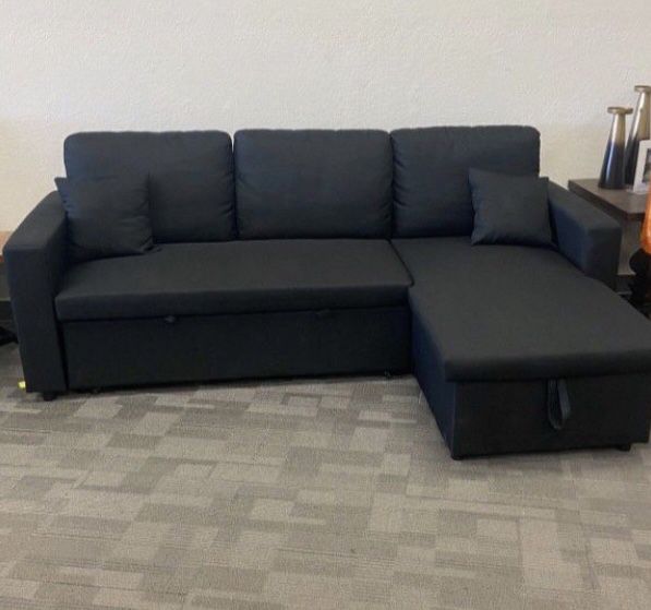 Black Sectional Sofa Pull - Out Bed With Storage 