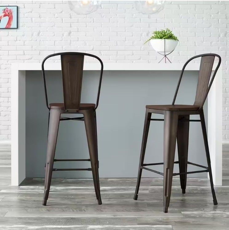 StyleWell Finwick Matte Gunmetal Backed Bar Stool with Dark Wood Seat (Set of 2) 