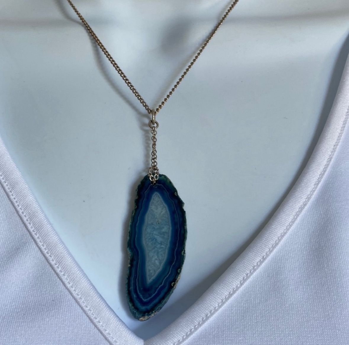 Vintage Sliced Blue Agate Pendant On Silver Tone Chain