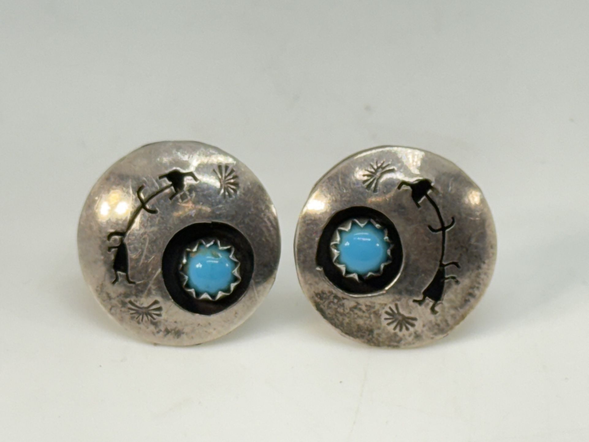 Vintage Zuni Sterling Turquoise Shadow Box Button Post Earrings