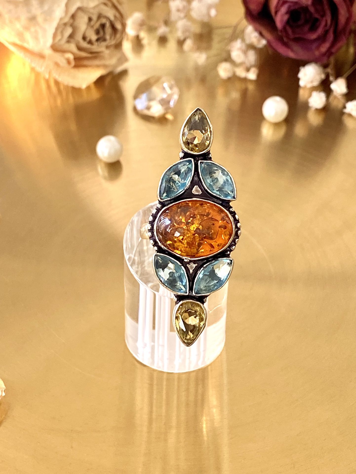 Amber, Blue Topaz And Citrine 925 Sterling Silver Overlay Ring Size 9.5