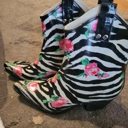 Zebra Rose Print Cowboy Boots For Ladies
