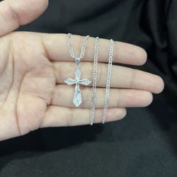 925 Sterling Silver Men Women Cross Crucifix CZ Charm Mariner Chain