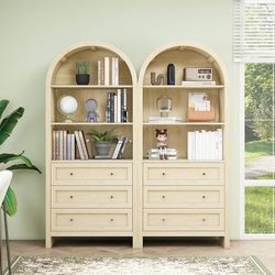 Set of 2，Rustic Style Wooden Storage Cabinet, Round Arch Design with Adjustable Shelves, Suitable for Ktchen, Dining Room, Living Room,Bedroom. (Natur