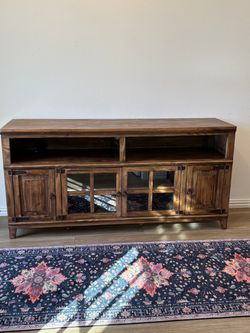 Rustic Wood TV Stand or console approx 180 cm tall with Glass Cabinet Doors