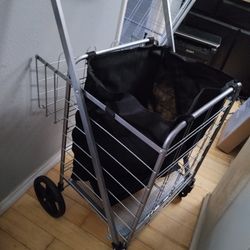 Grocery Shopping Cart with Swivel Wheels, Foldable and Collapsible Utility Cart with Adjustable Height Handle, Heavy Duty Light Weight Trolley