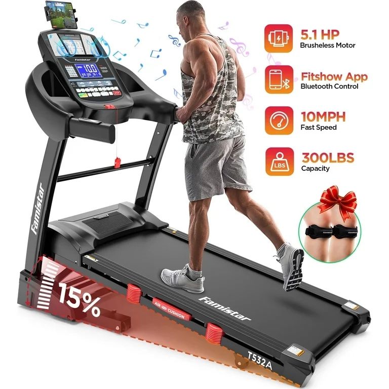 Famistar 5.1HP Folding Treadmill for Home with 15% Auto Incline, 300 LB Capacity T532A