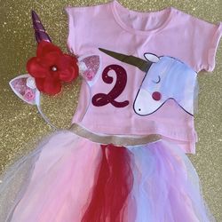 2T Personalized Red, Pink, Gold & Purple Unicorn 2nd Birthday Outfit: Shirt, Tutu, & Headband Horn