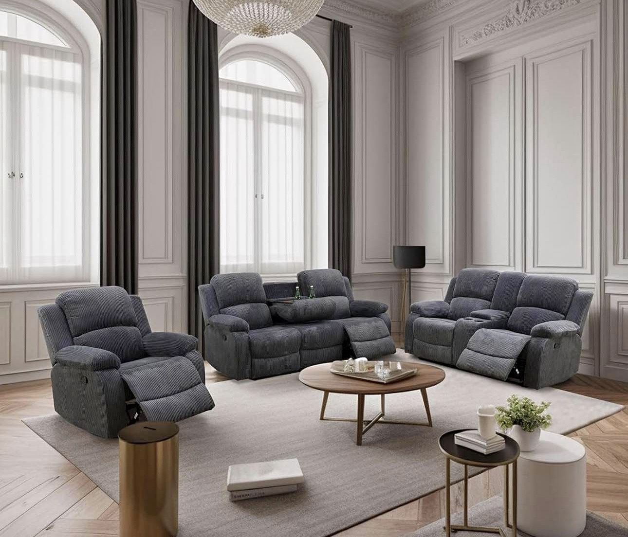 Charcoal Black Microfiber Fully Reclining Three Piece Couch Set