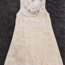 Rosemarine 100% Linen 3-D Embroidered Flowers Faux Pearl A-Line Dress in Fango M