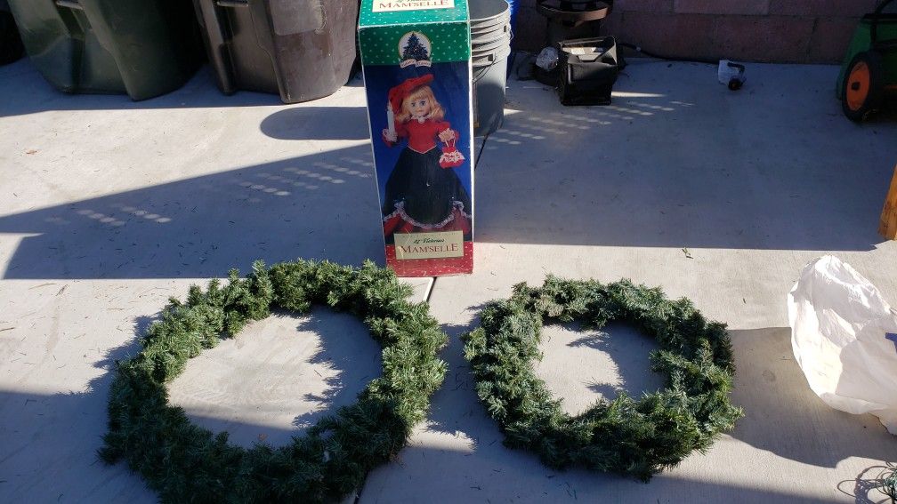 2 wreaths and xmas doll