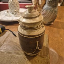 Vintage brown ceramic glazed stoneware jar with lid