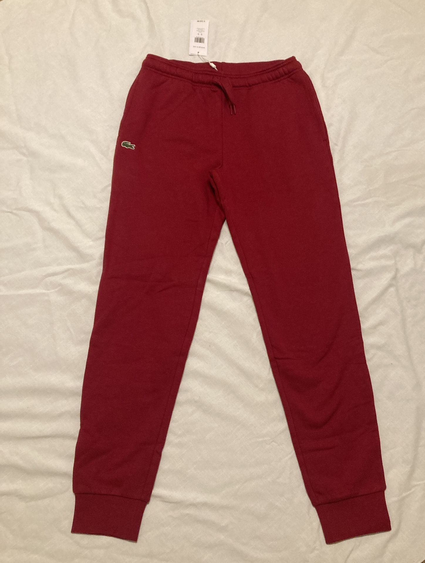 Lacoste Men's Small Maroon red Cotton Blend Tapered Fit Jogger Pants NWT $110. Brand new 83% cotton 17% polyester. Elastic waist with drawstring and 