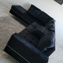 Black Sectional Sofa Velvet New Cup Holders Reversible Format NEW