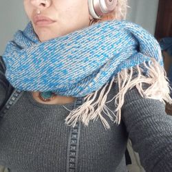 Blue & Tan Knitted Scarf w/fringe