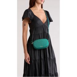 KATE SPADE NWT Glimmer Glitter Oval Camera Bag *Festive Teal
