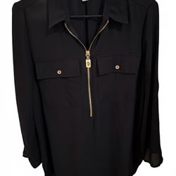 Michael Kors Black Half-Zip Utility Top with Gold Hardware