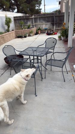 Bench, five chairs and table