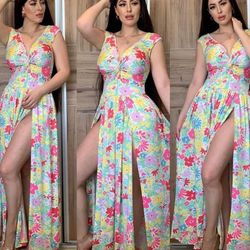 Short Sleeve Floral Print Summer Maxi Dress