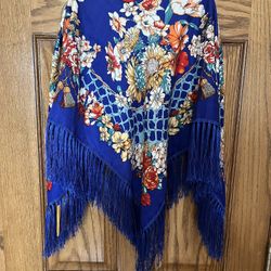 NWT Royal Blue Fringed Floral Sultan Scarf Shawl Headwrap Tablecloth Hippie Boho