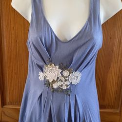RicRac Vintage Dusty Blue Tunic Floral Appliqué Waist Romantic V Neck Top XS