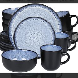 Handmade Stoneware Dinnerware Set, Ocean Blue Dinner Set, 16-Piece Dinner Service Set with Dinner Plate, Dessert Plate, Bowl and Mug, Dishwasher & Mic