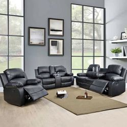Black Leather Fully Reclining Three Piece Couch Set