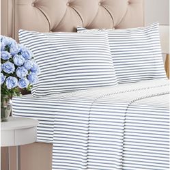 Full Size 4 Piece Sheet Set - Comfy Breathable & Cooling Bed Sheet - Blue Stripe