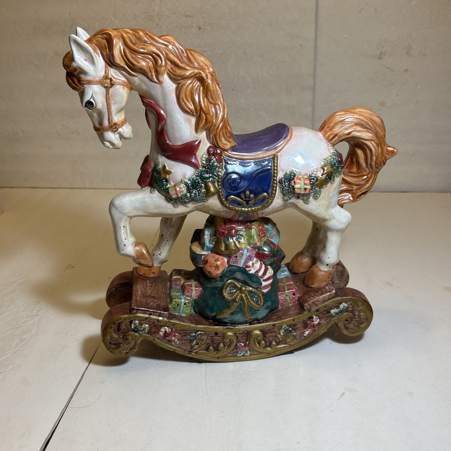 Vintage Extra Large Ceramic Christmas Rocking Horse Beautiful Piece