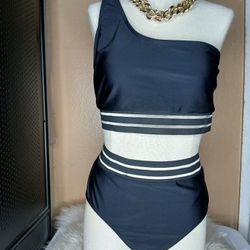 Black Half Shoulder Two Piece Bikini 