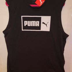 Puma Mens Size Large Sleeveless Tank Top Black Logo Black 