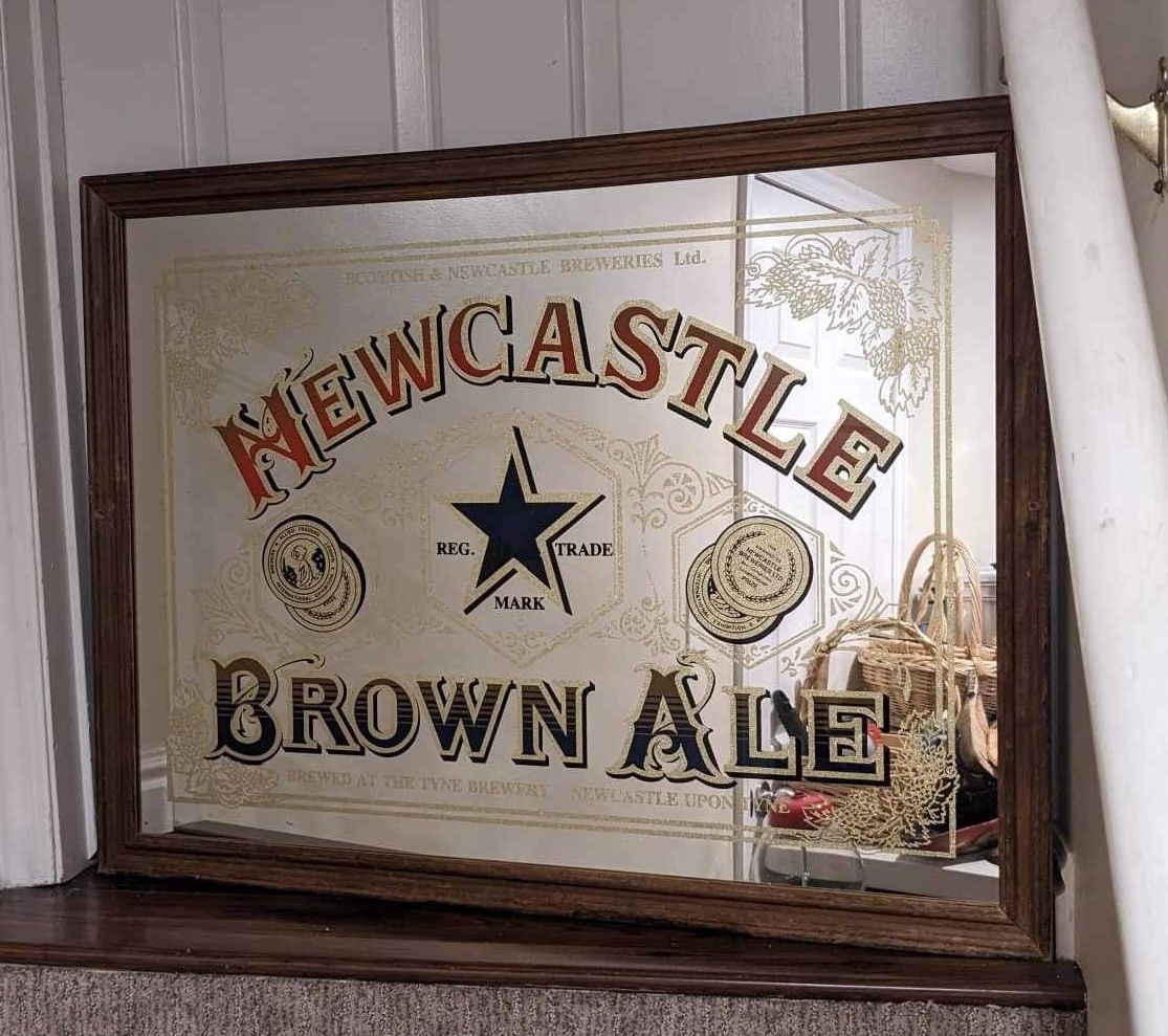 GORGEOUS RARE XL ‘NEWCASTLE BROWN ALE’ VINTAGE BAR MIRROR W/ WOOD FRAME!! 