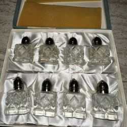 Set of 8 Vintage Raimond Silversmiths Crystal Square Salt & Pepper Shakers | Made in Japan