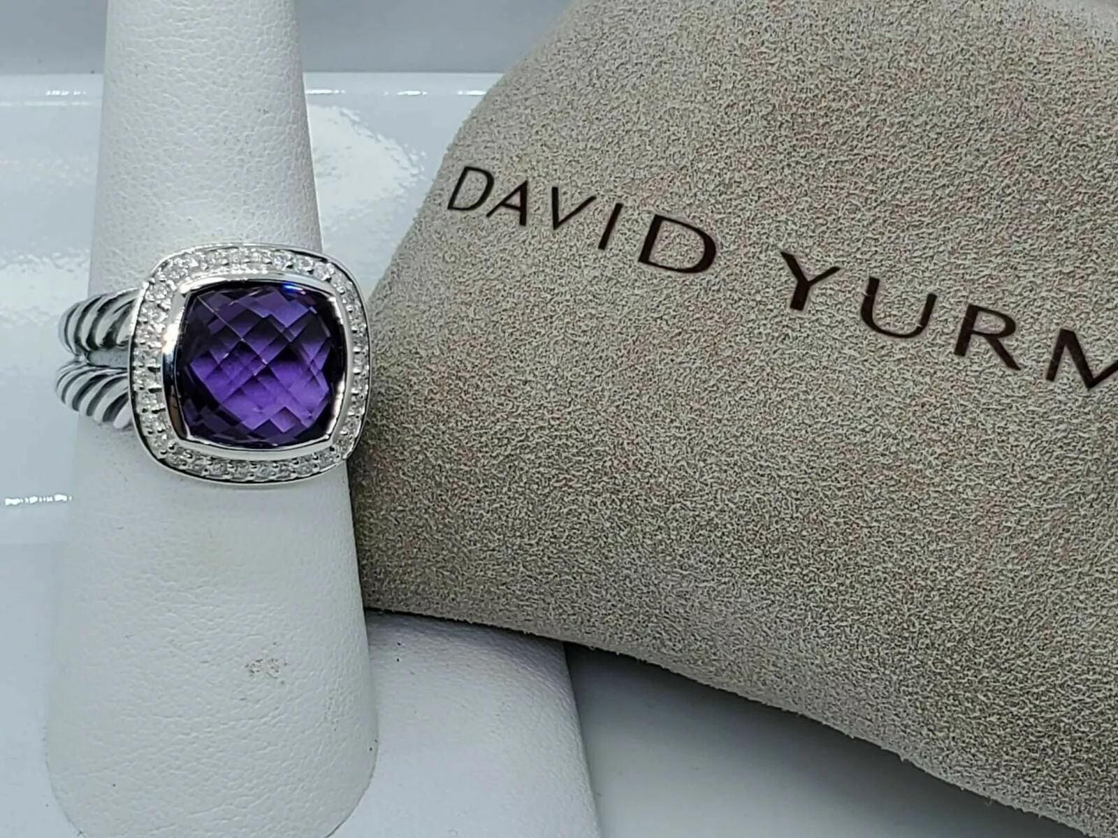 David Yurman Sterling Silver Albion Ring 11mm with Amethyst and Diamonds Size 9