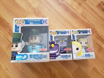 Disneyland 65th anniversary funko pop target exclusives. Alice, cheshire cat, and mad hatter bundle