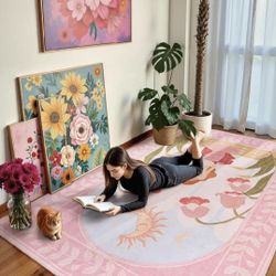 NEW 8' x 10' Area Rug Washable Boho Floral Non Slip Carpet New, Open Package