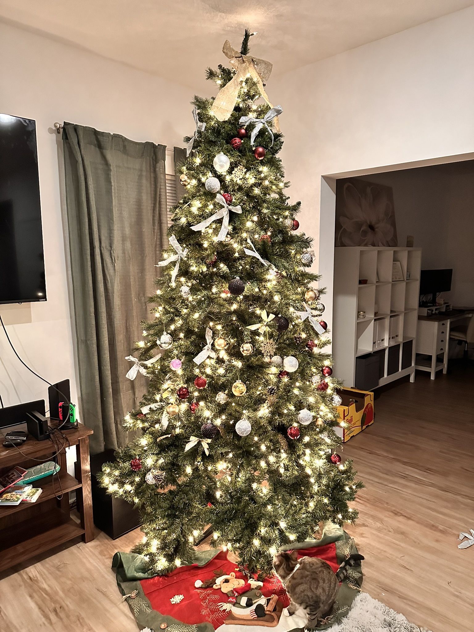 9ft Artificial Prelit Christmas Tree w/ Stand, Ornaments, and Skirt
