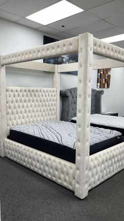 Soft Velvet upholstery Canopy Queen Bed/Bedroom Set w/USB ports at sides on Sale