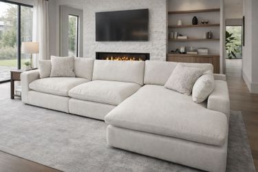 Cream textured fabric 140" Feather Cloud Sectional Sofa Couch