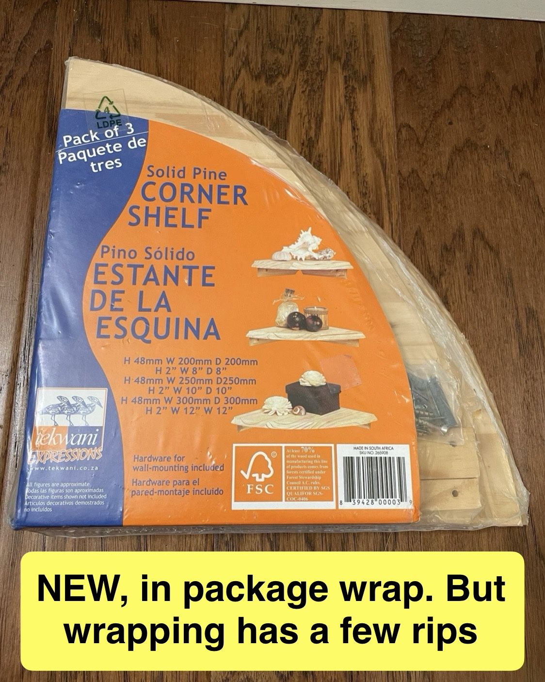 NEW pack of 3, solid corner shelves (different sizes, see package for measurements)