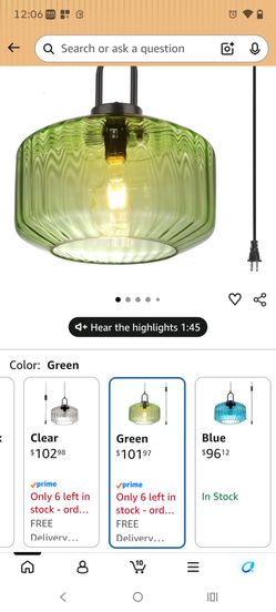 Plug in Pendant Light Green Glass Pendant NEW
