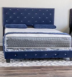 Brand New Blue King Size Diamond Velvet Bed Frame With New Mattress/Fast Delivery